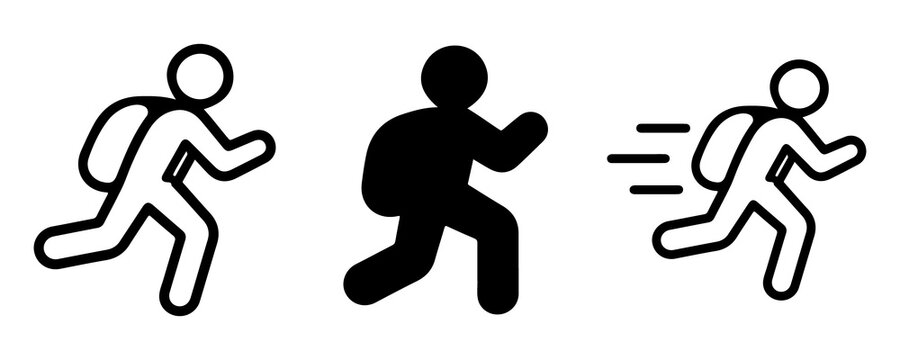 Running student with backpack icon set in outline solid black and motion lines vector.