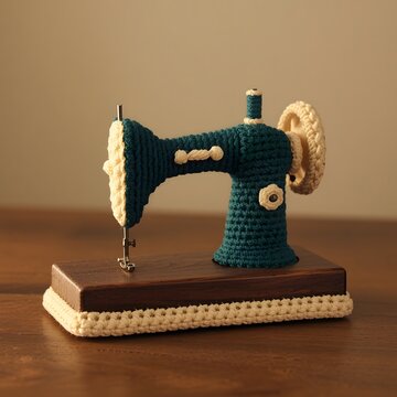Miniature vintage sewing machine handcrafted from teal and cream crochet