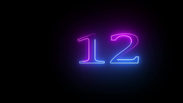 Neon glowing number twelve in pink and blue light on dark black background a digital with purple and gradients against a empty