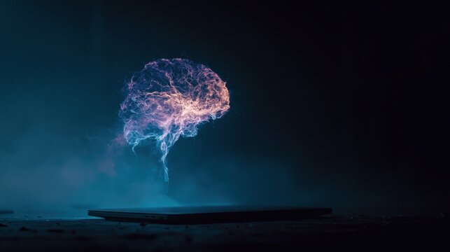 A glowing 3D brain network made of intertwining light lines floats above a closed laptop in a minimalist dark interior.