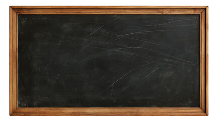 Rectangular black chalkboard with a rustic wooden frame and visible scratch marks © Svenja