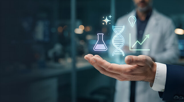 Professional hand holding floating medical and science holographic icons in blurred laboratory
