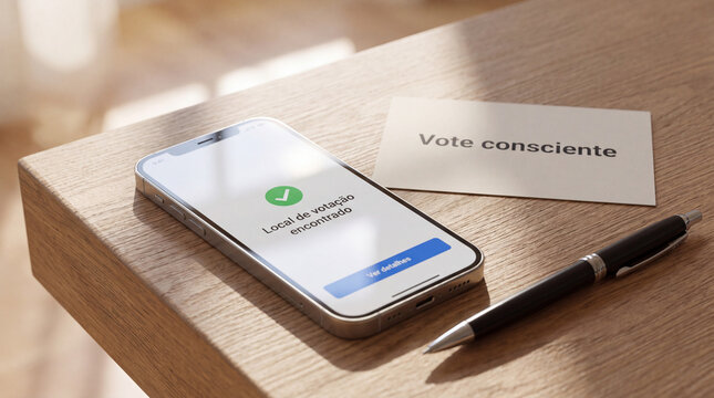 Smartphone displaying a voting location message in Portuguese next to a card that reads Vote Consciente, symbolizing digital democracy and citizenship.