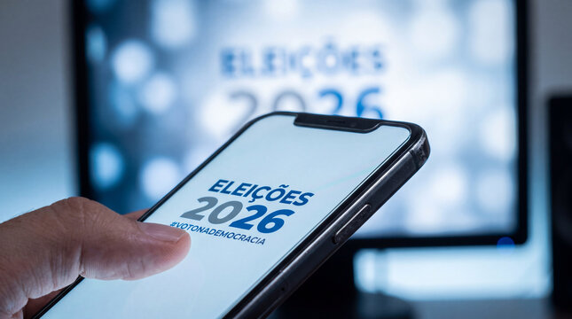 Close-up of a person holding a smartphone showing Elei&ccedil;&otilde;es 2026 and a hashtag for democracy, symbolizing the digital era of upcoming Brazilian electoral processes.