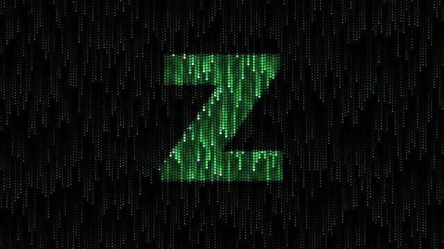 Green particle dots reveal letter Z animation on black background