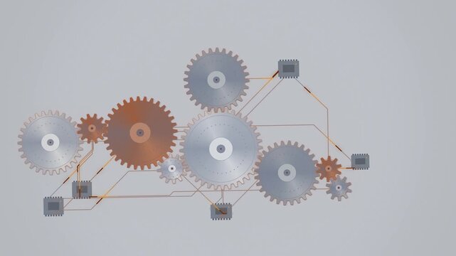 Silver and orange gear train meshing over circuit traces on white
