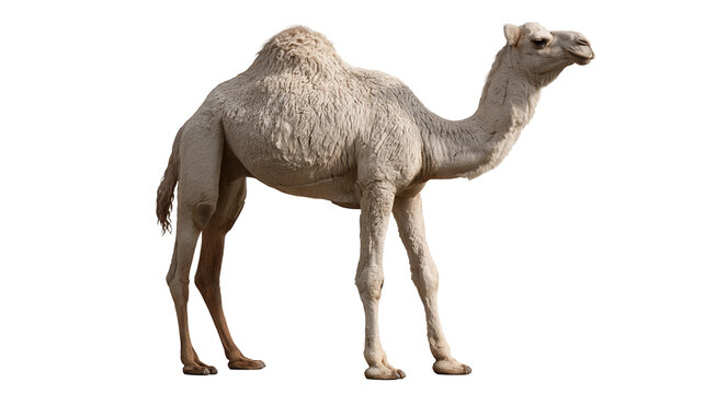 Full body side view of a light brown dromedary camel standing
