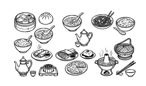 Chinese cuisine dumpling dim sum noodles and traditional food outline vector set