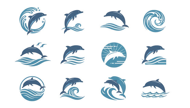 Set of blue pixel art dolphin icons jumping in the ocean