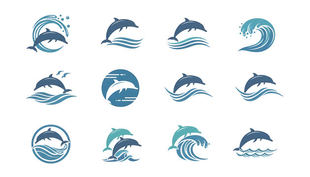 Set of blue dolphin icons jumping in the ocean waves