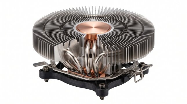 Advanced computer processor heatsink featuring copper heat pipes and aluminum fins isolated on white background