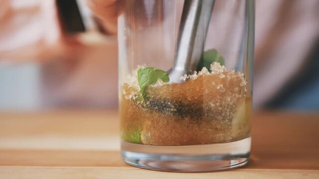 Making mojito cocktail, muddling mint, lime and sugar in a glass