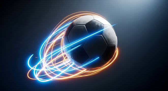 Soccer ball moving fast with glowing blue and orange light