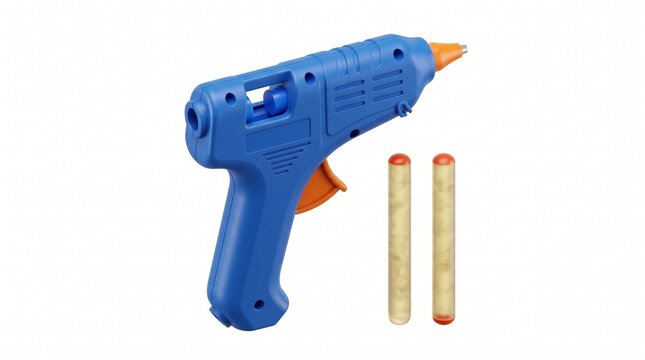 Blue hot glue gun with orange trigger and two glue sticks shown on white background