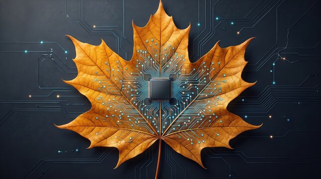 Large orange maple leaf with embedded microchip and glowing circuit traces on a dark tech background, representing bio-technology, smart nature, AI integration and futuristic innovation concept