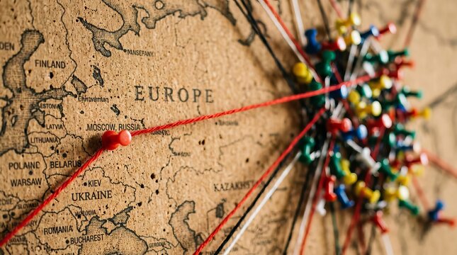Cork board map with colorful push pins and connected colored string