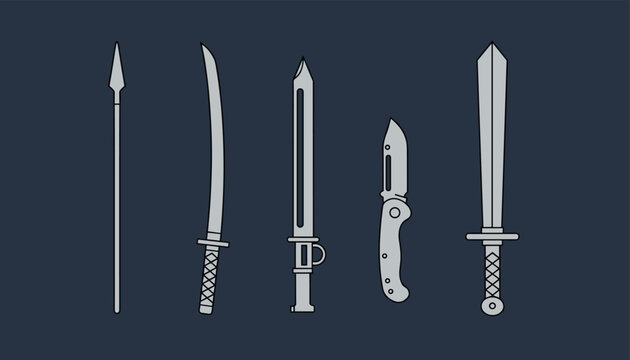Set of diverse bladed weapons including a spear katana longsword tactical knife and double-handed sword on dark background.