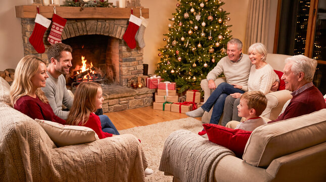 Familia disfrutando de una tranquila noche de Navidad junto a la chimenea, rodeada de luces, regalos y decoraci&oacute;n navide&ntilde;a.