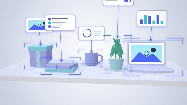 Blue augmented reality labels over table objects seamless loop