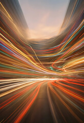 Fototapeta premium Urban mobility and future transportation, light trails of traffic in a modern city tunnel at night speed and connectivity in digital infrastructure