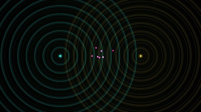 Rippling waves radiate from two stars in a cosmic render loop