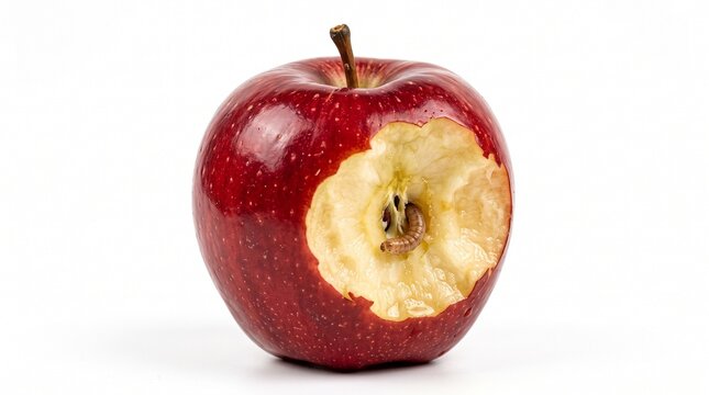 Juicy red apple with big bite mark and visible worm eating inside on white background