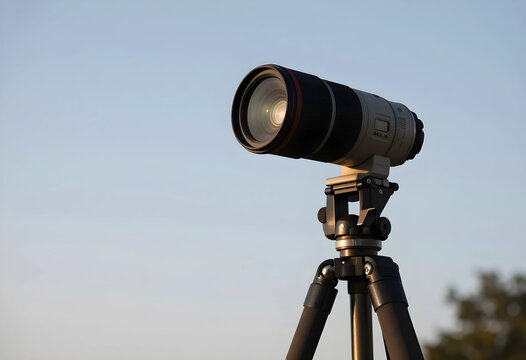 Photography and videography production, professional telephoto lens on tripod for outdoor filming and wildlife observation against clear blue sky