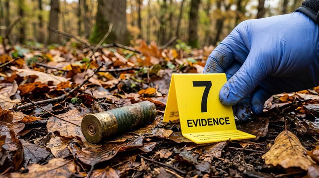 Forensics investigator placing yellow evidence marker near spent shell casing on forest ground