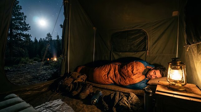 Man sleeping in a tent at night with lantern while camping outdoors