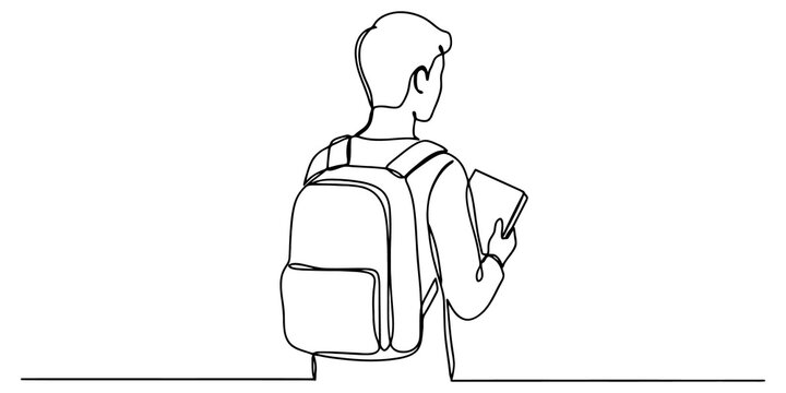 Student carrying backpack holding book in continuous line art style for back to school and academic education concepts.
