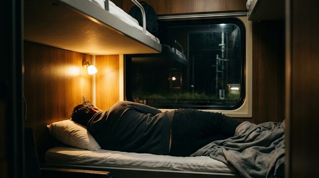 Man sleeping on a lower bunk inside a passenger train compartment during night travel