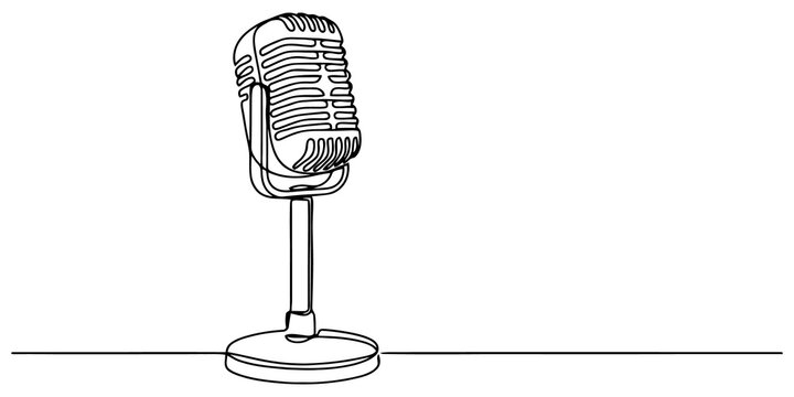 Continuous line drawing of vintage microphone on stand for audio recording and live music performance concept in minimalist.