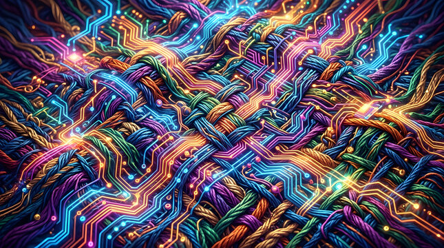 Vibrant Digital Weave Background for High-Tech Marketing Intertwined Threads for Modern Logo Design and Intricate Vector Patterns, Illustrating Global Connectivity