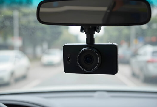 Road safety and insurance evidence, dashboard camera mounted on car windshield for traffic monitoring and accident recording during daily commute