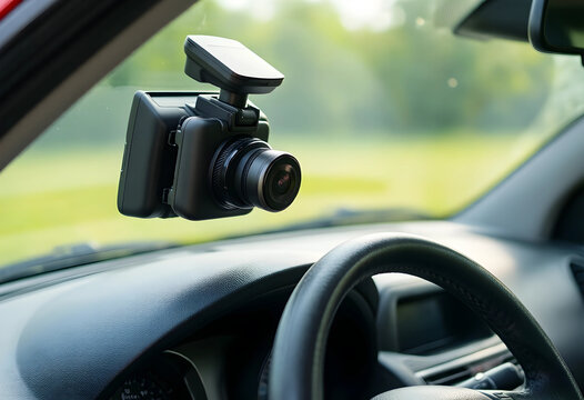 Dash cam for vehicle security and road safety, car dashboard camera mounted on windshield for accident recording and insurance evidence in automobile