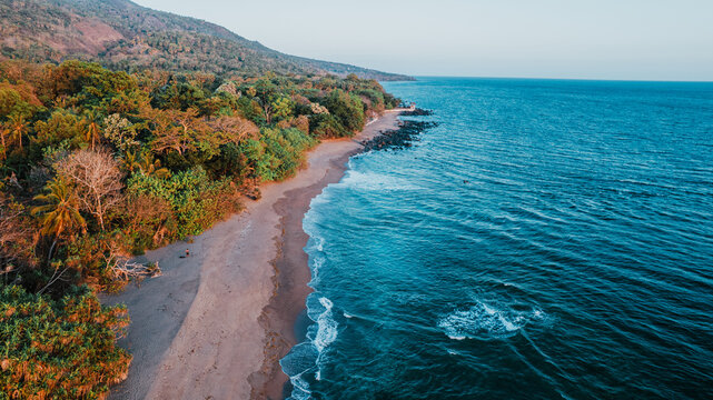 Aerial view of a pristine sandy beach bordered by lush tropical forest and rocky outcrops along the coastline of the Flores Sea in Aimere, East Nusa Tenggara, Indonesia.
