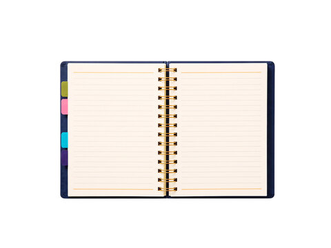 Open blank lined notebook with colorful bookmark tabs and spiral binding transparent background