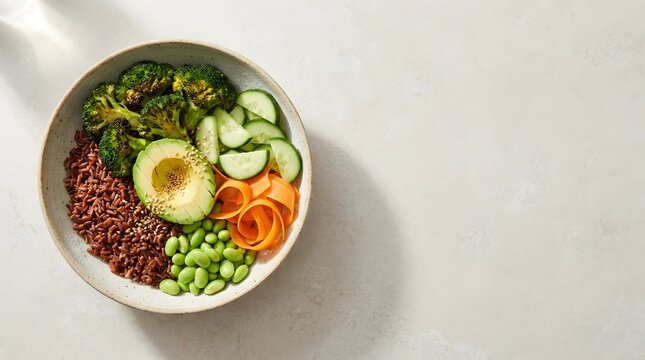 Healthy green buddha bowl, vegetarian buddha bowl with avocado and rice, clean eating lunch