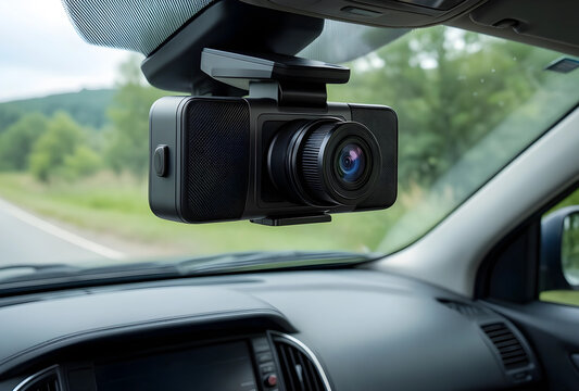 Road safety and accident evidence, dashboard camera mounted on car windshield for vehicle security and insurance documentation during travel on road