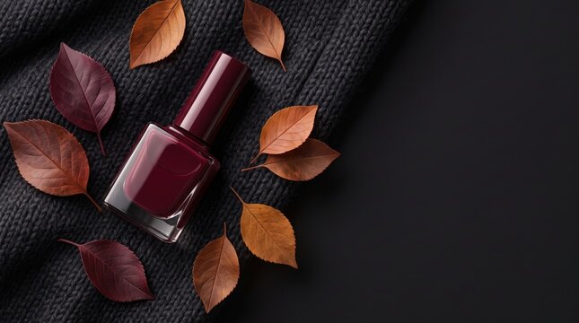 Burgundy nail polish bottle on a dark knitted blanket surrounded by autumn leaves with copy space, representing fall beauty, and autumn fashion trend