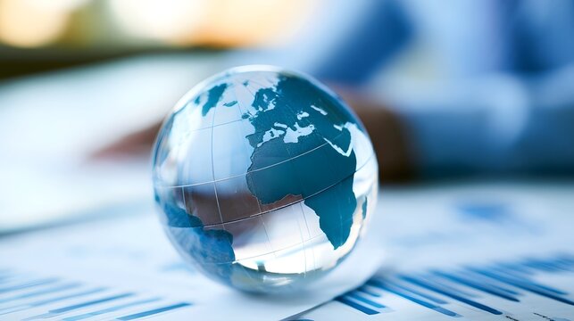 A transparent globe with continents and grid lines rests on documents with bar charts  symbolizing global business and data analysis