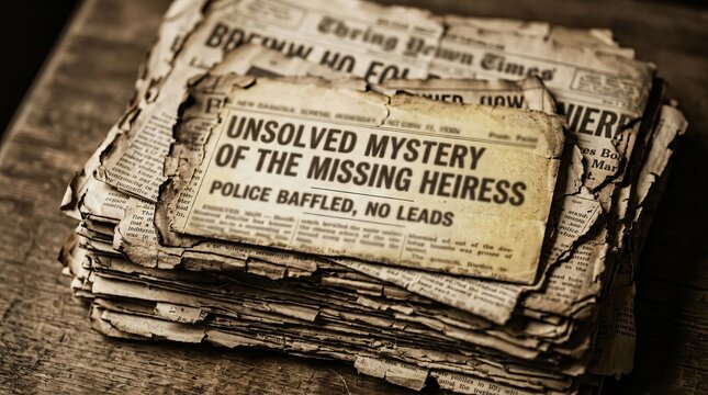 Vintage stack of old newspapers featuring a dramatic headline about an unsolved mystery and missing person case on wooden table background