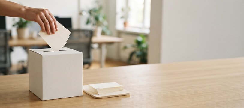 Hand placing blank anonymous feedback cards into a suggestion box in office setting