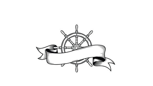 Nautical ship wheel with blank ribbon banner in hand drawn vintage engraving style for marine logo or label design.