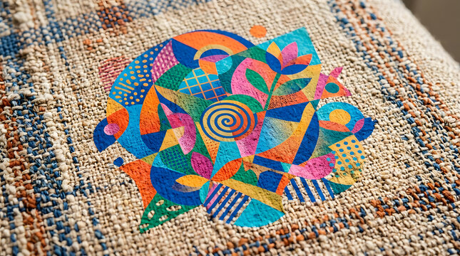 Vibrant abstract geometric logo design printed on burlap texture background for creative branding and marketing vector style presentation