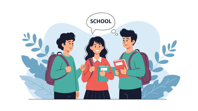 Group of happy high school students with backpacks and books talking about school classes during break time.