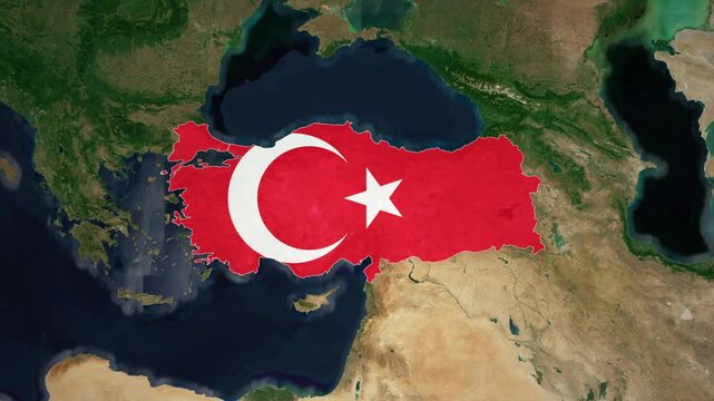 World map animation highlighting turkey with national flag and satellite geography view