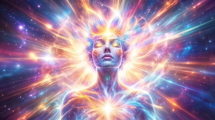 Fototapeta premium Spiritual awakening of a person surrounded by vibrant cosmic energy. Mindful consciousness and transcendental meditation concept.