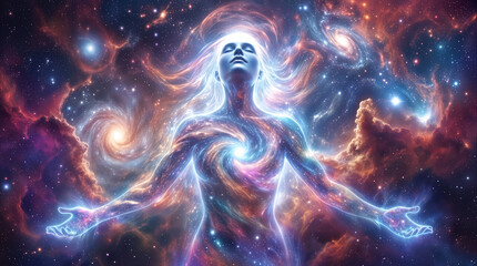 Fototapeta premium Cosmic entity with feminine features floating in deep space. Ethereal being composed of stars and nebulae representing universal consciousness.