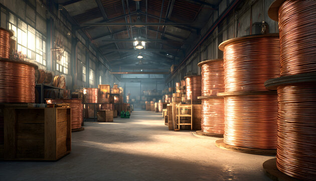 Factory warehouse interior showing production of copper wire and bronze cables neatly wound on large reels, highlighting industrial manufacturing, energy supply, and electrical material processing